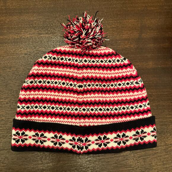 Fair Isle Beanie Hat Toque Red Black Sparkly Pom Pom Adult Après Ski Snowboard - Picture 1 of 9